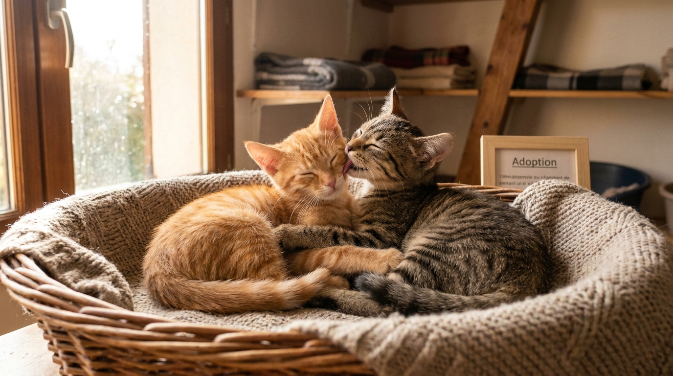 Deux adorables chatons tigrés et blancs blottis l'un contre l'autre, endormis paisiblement dans un panier au sein d'un refuge.