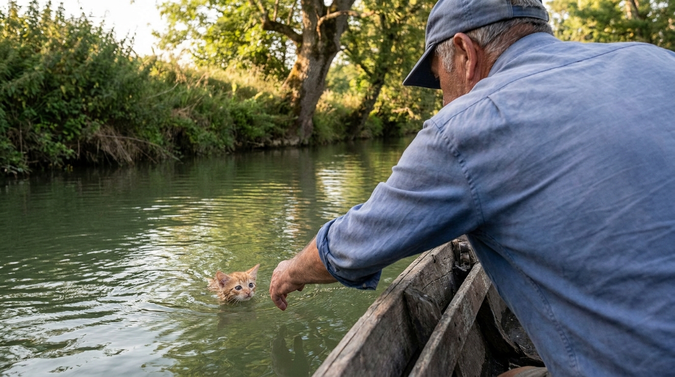 Un pêcheur sur son bateau tenant dans ses mains un petit chaton roux mouillé, tout juste sorti de l'eau, avec une rivière en arrière-plan.