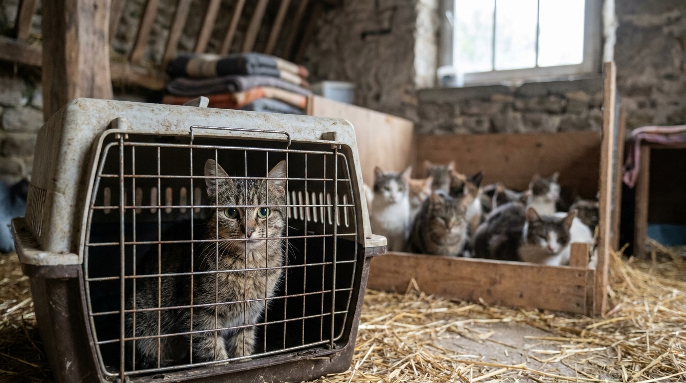 Un chat tigré au regard triste regarde à travers les barreaux de sa cage dans un refuge animalier en Normandie.