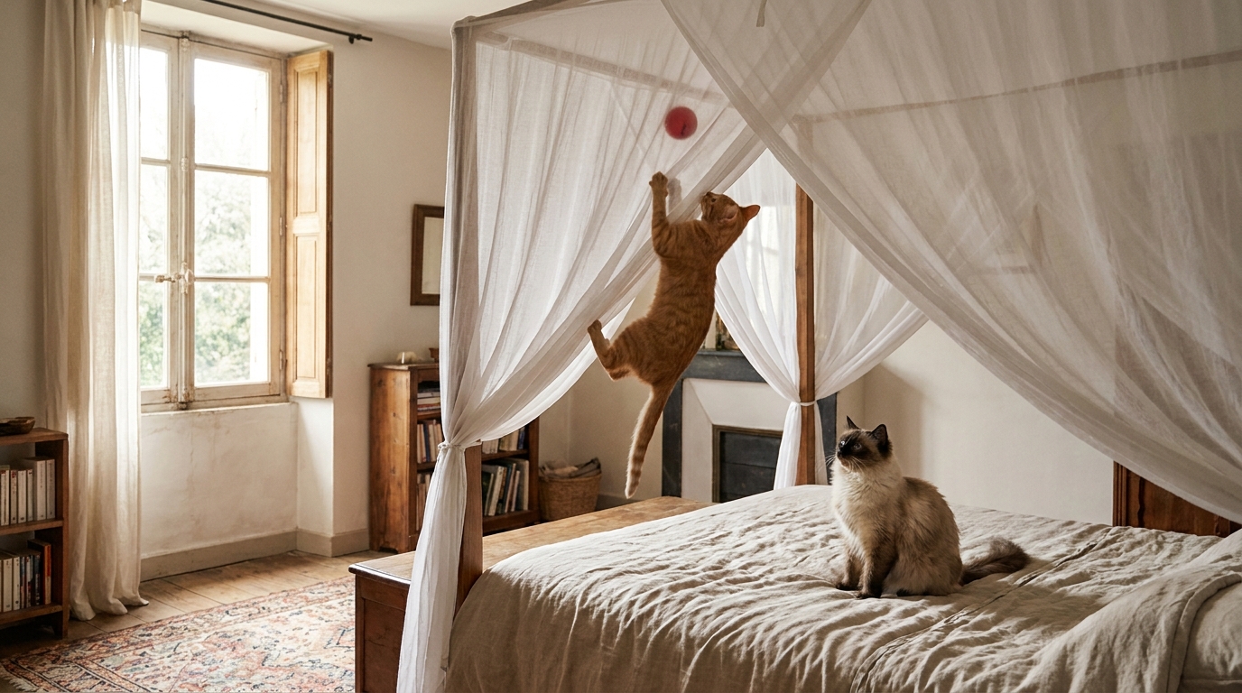 Un chat roux et un chat colorpoint, espiègles, s'amusent et grimpent sur un ciel de lit en tissu blanc dans une chambre lumineuse.