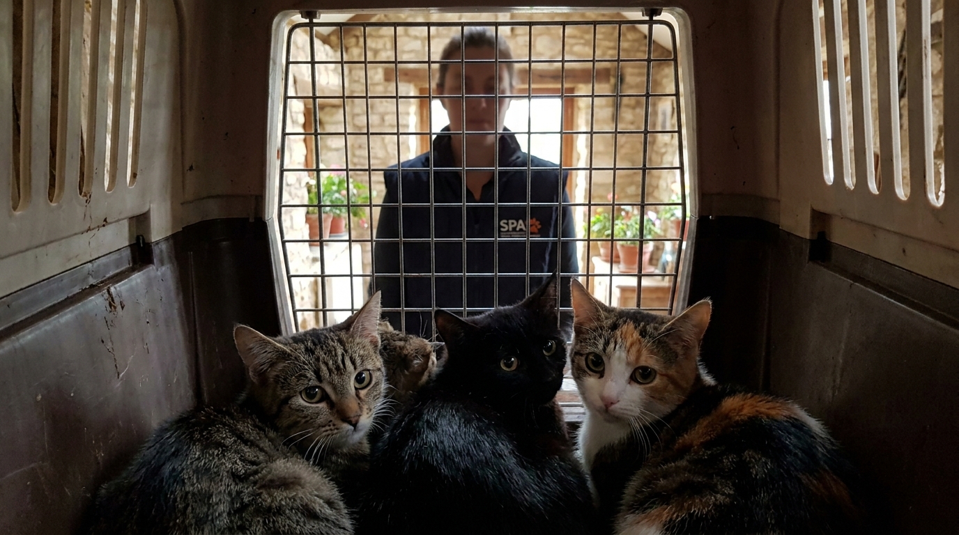 Un groupe de chats d'apparences variées, blottis les uns contre les autres dans un refuge, recevant des soins après leur sauvetage.
