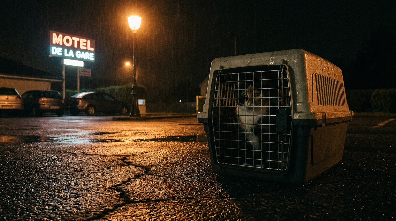 Une chatte rousse et ses chatons blottis les uns contre les autres dans une caisse de transport posée sur l'asphalte d'un parking la nuit.