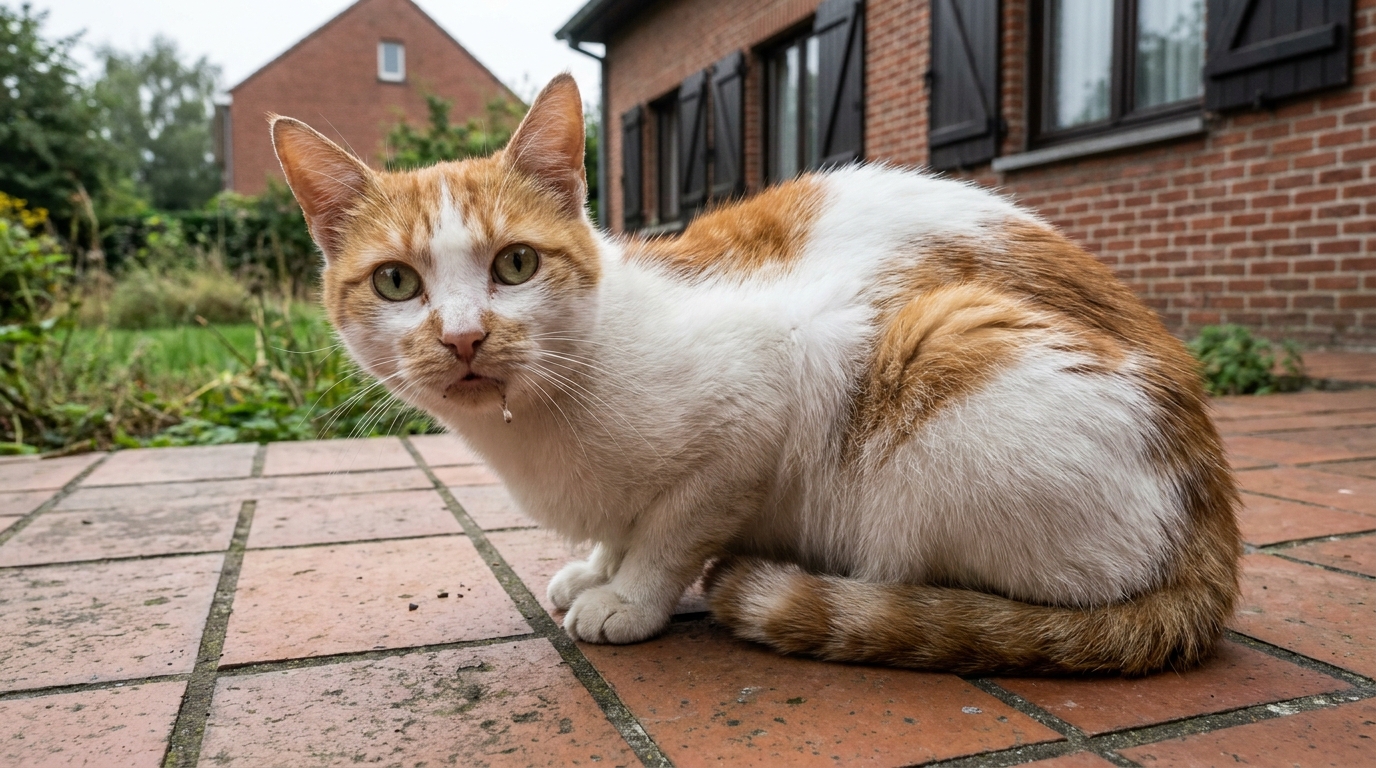 Une chatte blanche et rousse aux yeux inquiets, couchée sur une couverture chez le vétérinaire, symbole du combat contre l'empoisonnement.