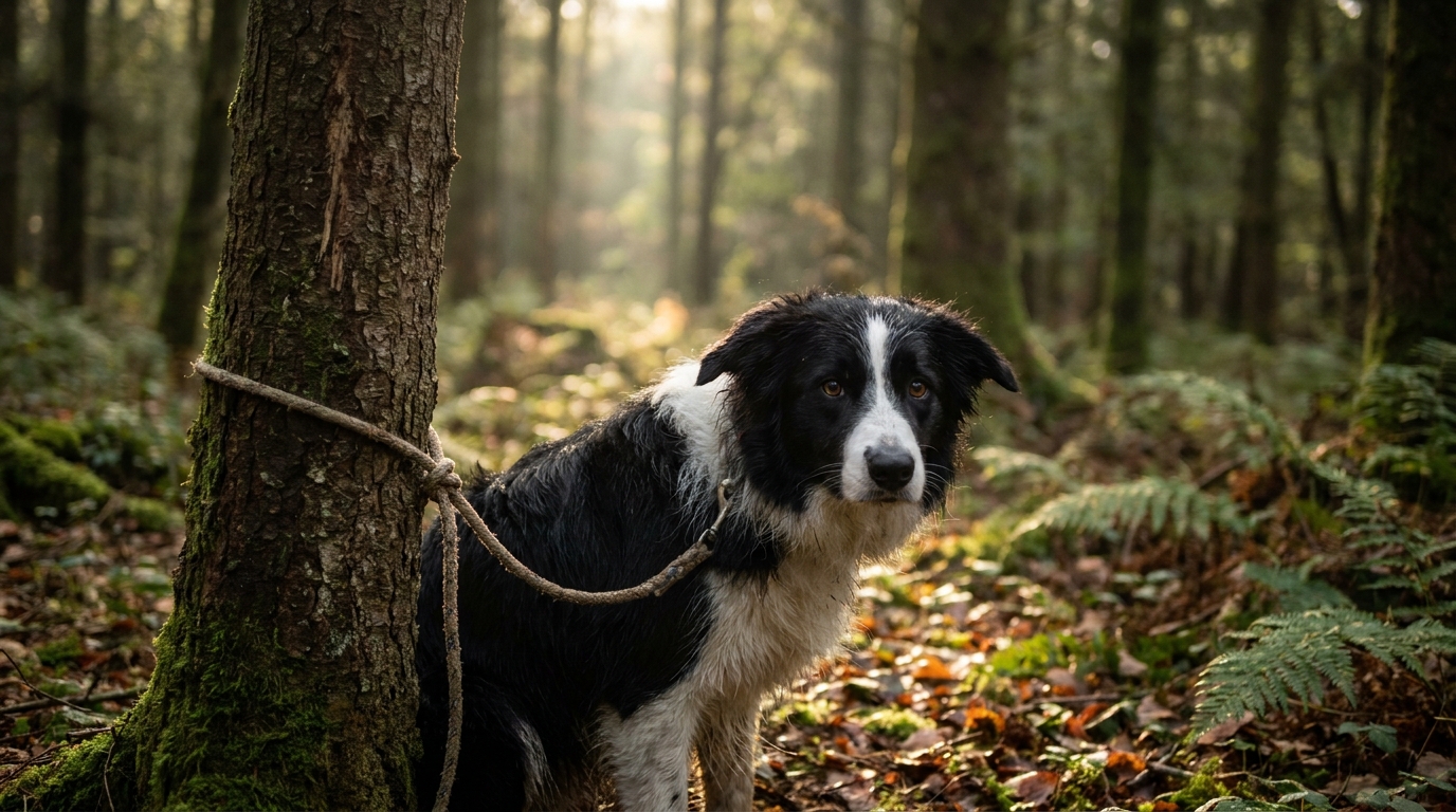 Un chien de type border collie, attaché à un arbre dans une forêt, regarde avec un air triste mais plein d'espoir après avoir été retrouvé.