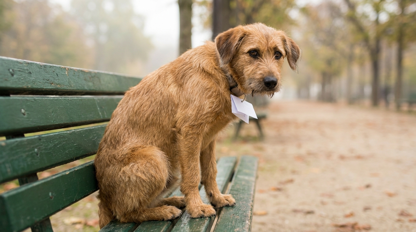 Un jeune chien de type croisé berger est assis seul sur un banc en bois dans un parc, l'air triste et perdu.