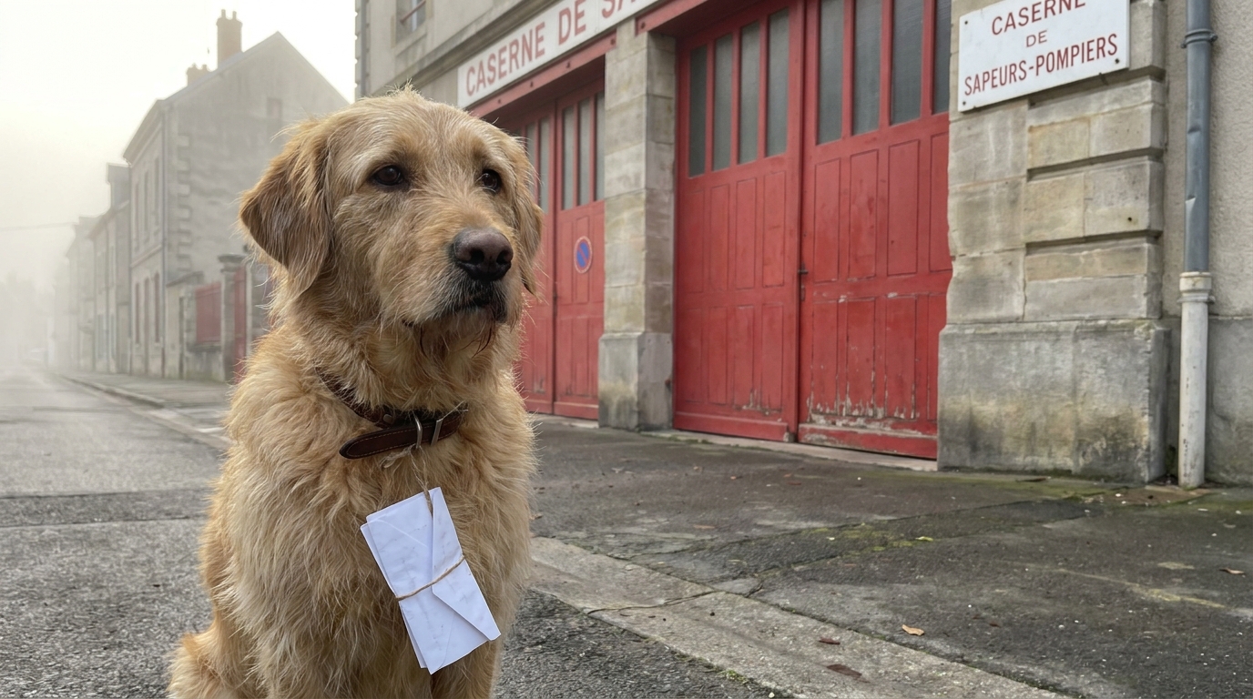 Un chien au regard triste assis sagement devant la porte d'une caserne de pompiers, une note attachée à son collier.