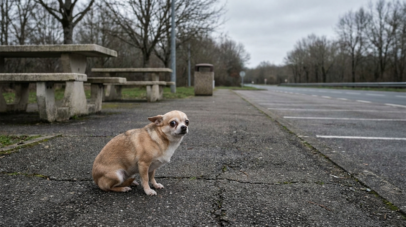 Un petit chien de type chihuahua, l'air effrayé, assis sur le bitume d'une aire de repos en France, avec des arbres en arrière-plan.