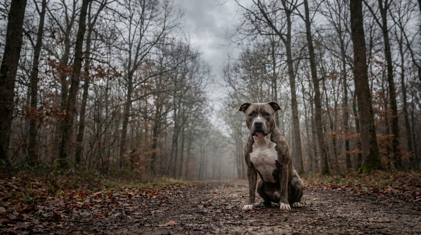 Un chien de race American Bully au regard triste, symbolisant la perte tragique de Bulma, tuée par un voisin.