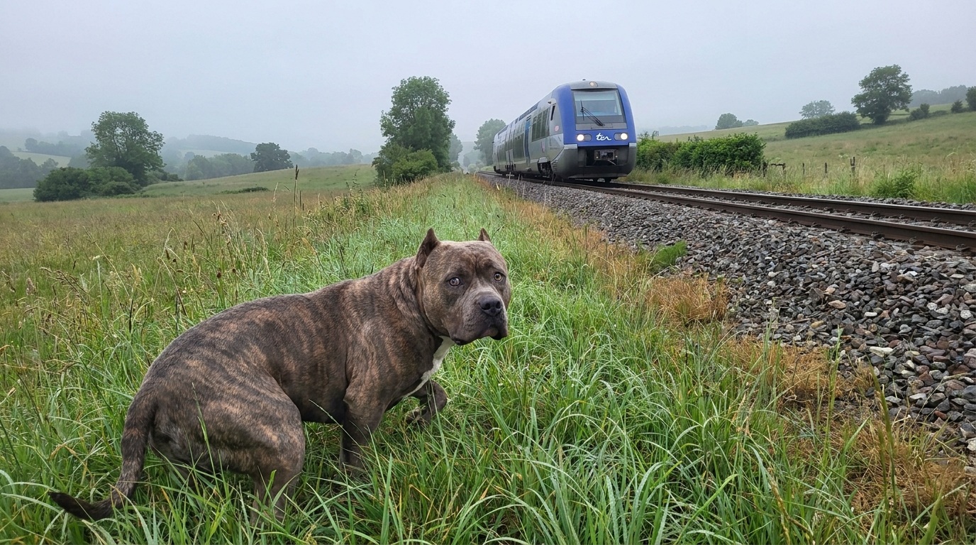 Un chien de type American Bully XL, l'air perdu, se cache près d'une voie ferrée avant son sauvetage spectaculaire en Meurthe-et-Moselle.