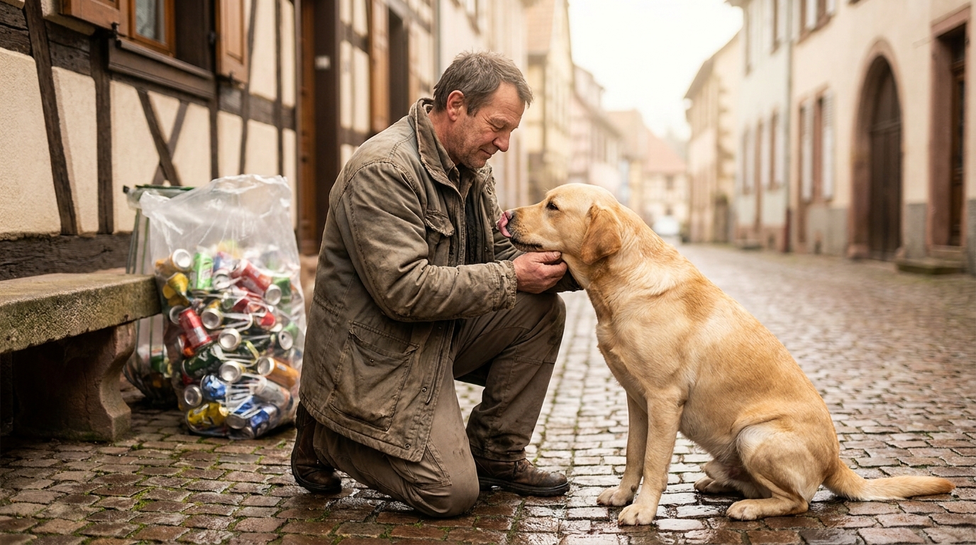 Un chien d'assistance de type Labrador regarde avec tendresse son nouveau maître, illustrant le succès d'une collecte de canettes.