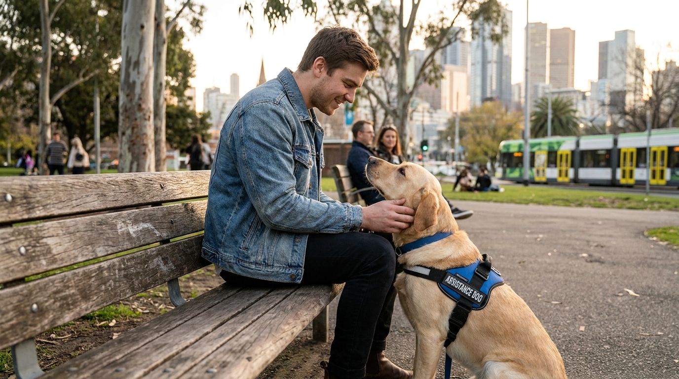 Un homme est assis sur un banc dans un parc australien, sa chienne d'assistance est assise à ses pieds, le regardant avec une grande attention et confiance.