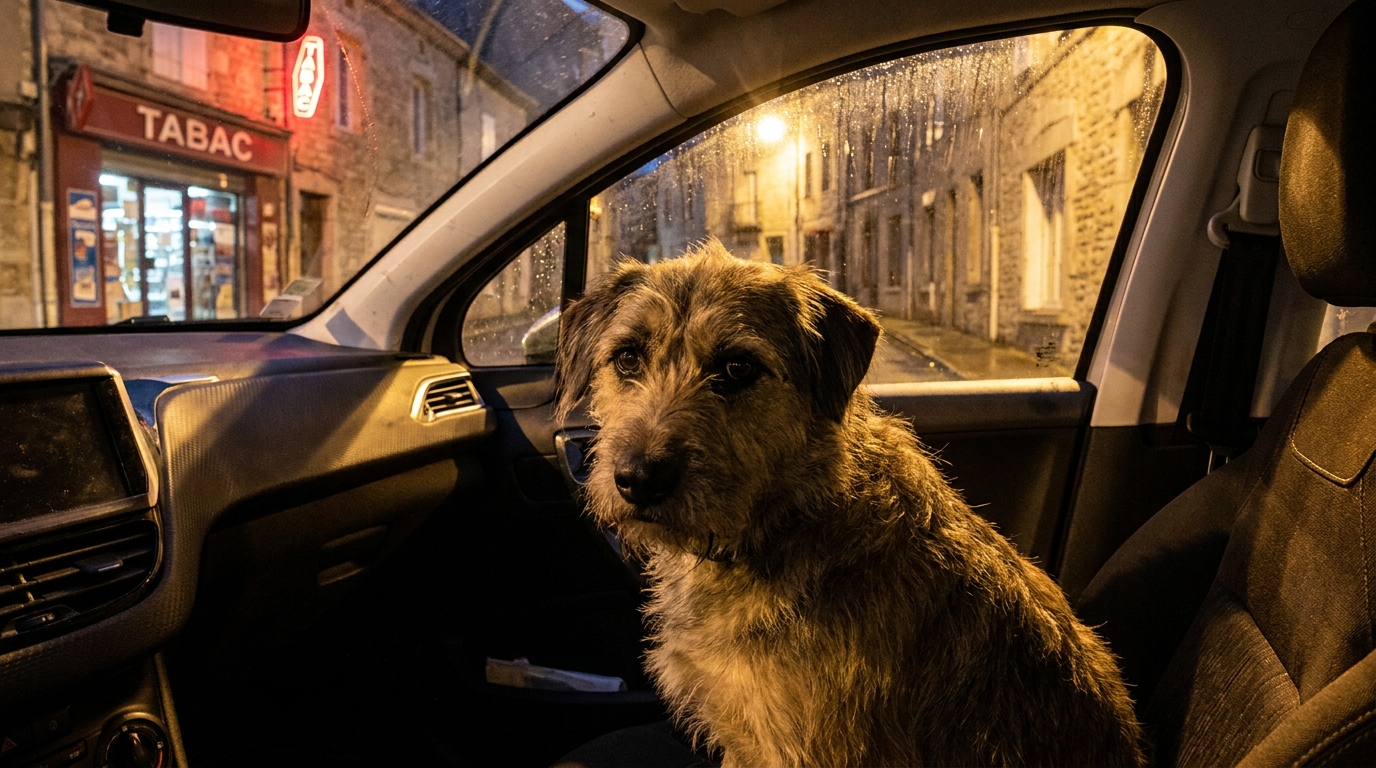 Un chien au regard inquiet assis sur le siège passager d'une voiture garée la nuit dans une rue de ville française, éclairée par des lampadaires.
