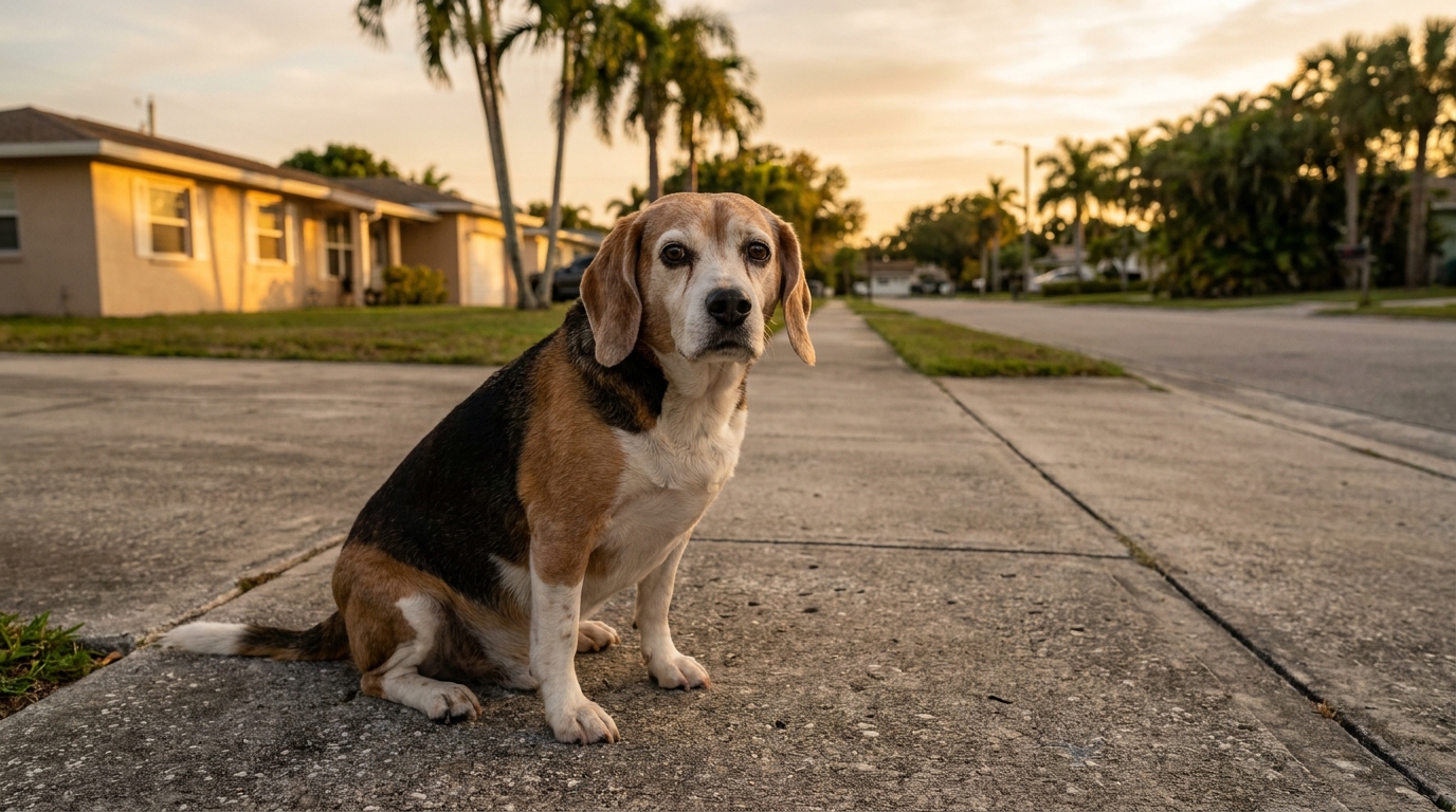 Un vieux chien de race Beagle au pelage tricolore est assis sur une table d'examen vétérinaire et regarde tristement, l'air perdu et inquiet.