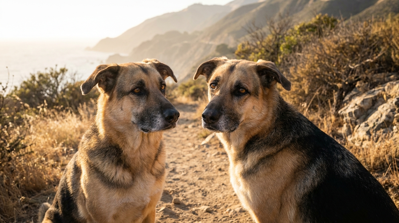 Un chien de type Berger Allemand, l'air inquiet, assis seul sur un sentier de randonnée avec des montagnes californiennes en arrière-plan.