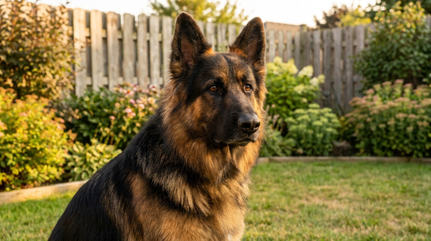 Un magnifique chien Berger Allemand au poil fourni est assis dans un jardin, regardant l'objectif avec un air doux et reconnaissant.