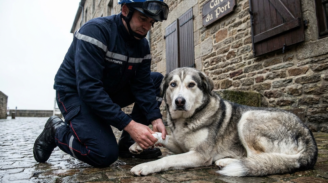 Un chien croisé labrador blessé, pris en charge par les secours au pied d'un immeuble en France, après un acte de maltraitance.