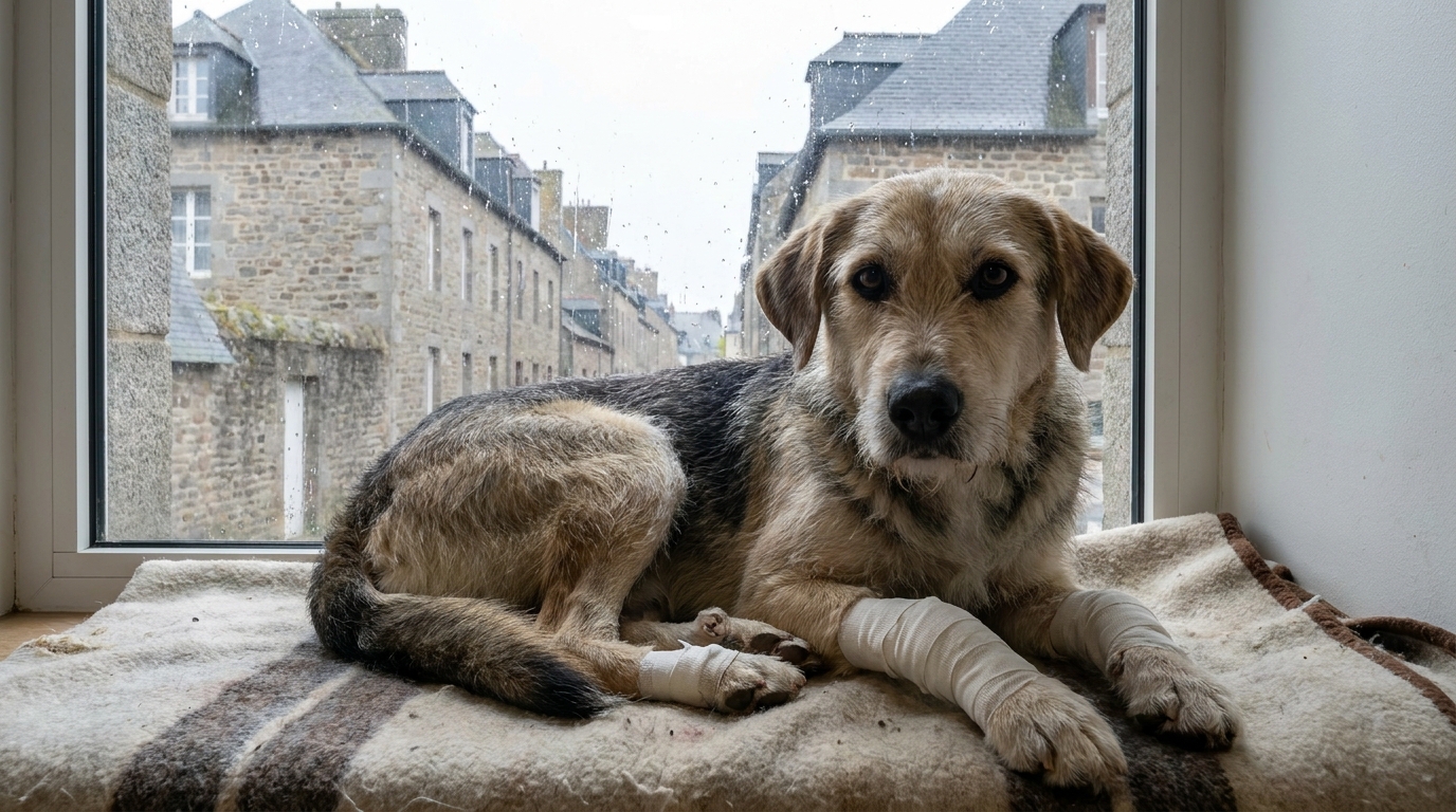 Un chien croisé Labrador et Husky avec des bandages aux pattes avant se repose dans un refuge, le regard empreint de tristesse et d'espoir.