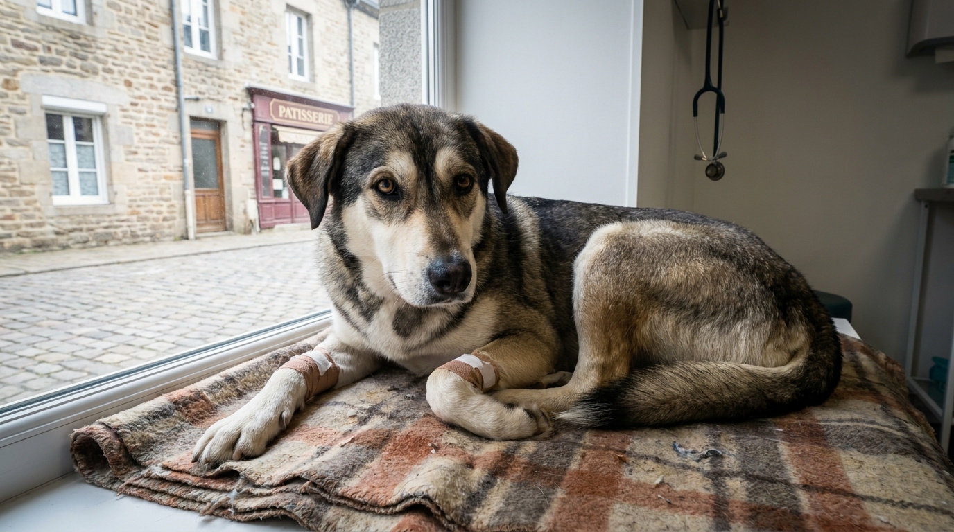 Un chien croisé labrador husky avec des bandages aux pattes avant se repose dans une clinique vétérinaire après avoir survécu à une chute.