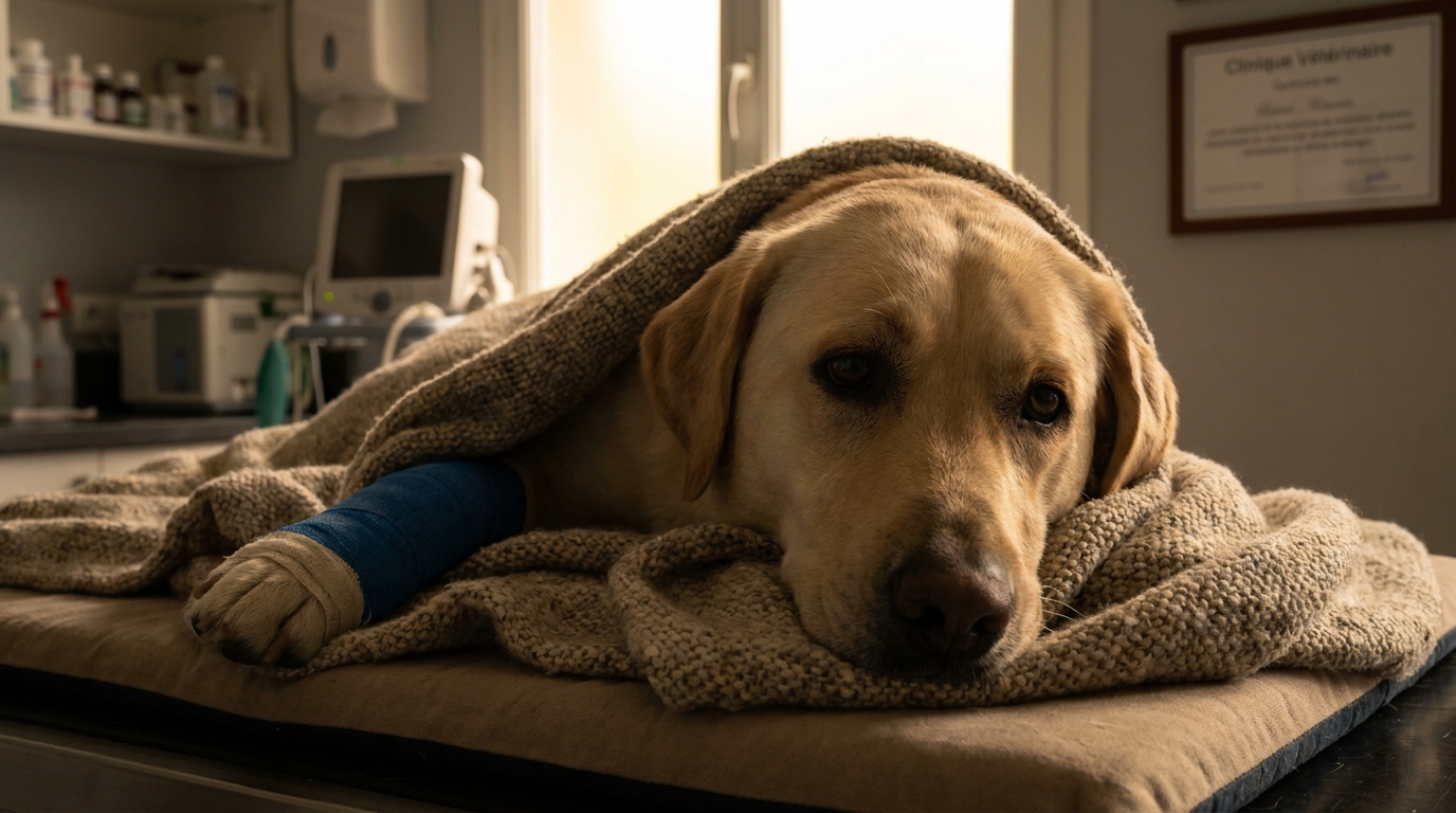Un chien croisé labrador husky blessé se repose dans un refuge, symbolisant la lutte contre la maltraitance animale.