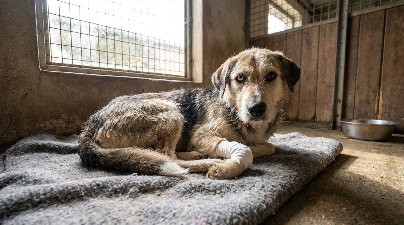 Un chien de type croisé labrador, l'air triste mais résilient, avec un bandage sur une patte, dans un refuge.