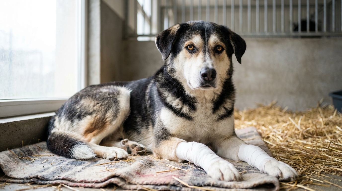 Un chien croisé labrador husky avec des bandages aux pattes avant, couché dans un refuge après avoir survécu à une terrible chute.