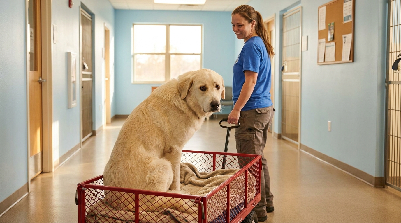 Un grand chien blanc et beige, l'air craintif mais en sécurité, est assis dans un chariot rouge tiré par une bénévole dans un refuge.