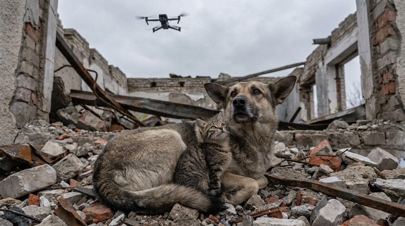 Un chien et un chat blottis l'un contre l'autre dans un paysage de ruines, regardant avec espoir un petit drone dans le ciel.