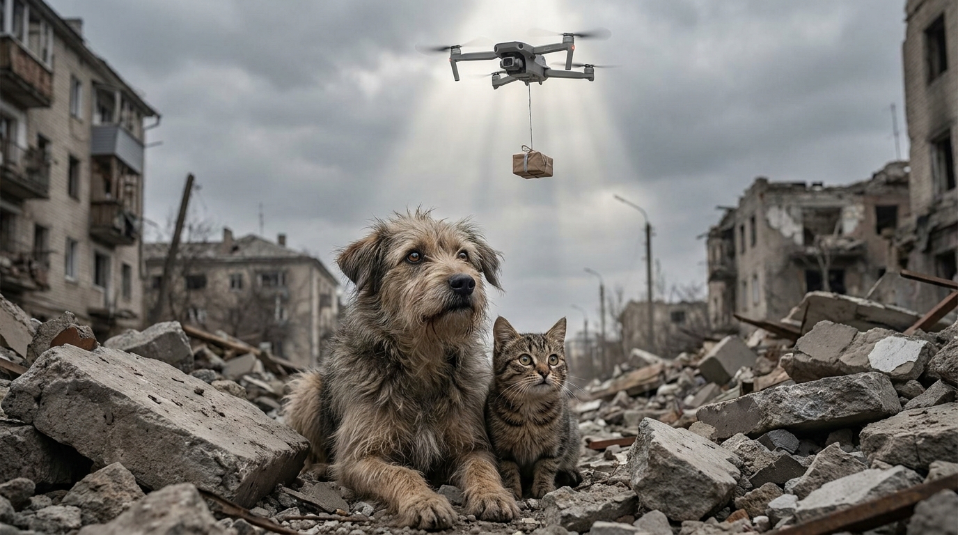 Un chien et un chat apeurés dans des ruines en Ukraine regardent un drone qui leur apporte de l'aide.