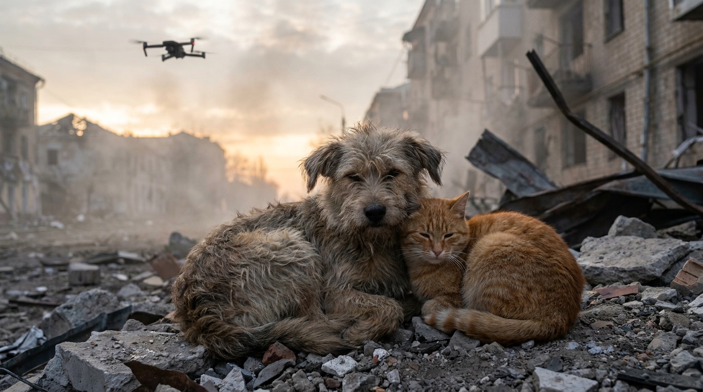 Un chien et un chat blottis l'un contre l'autre dans une zone de conflit, attendant d'être secourus par un drone ukrainien.