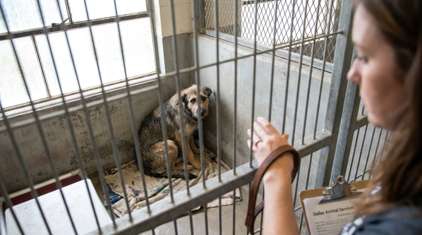Un chien de type berger, l'air triste, recroquevillé dans un coin de son box de refuge. Une main de femme passe à travers les barreaux pour le rassurer.