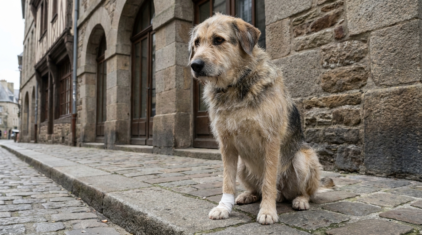 Un chien croisé au regard triste mais plein d'espoir, avec un bandage sur une patte, se reposant dans un panier de refuge.