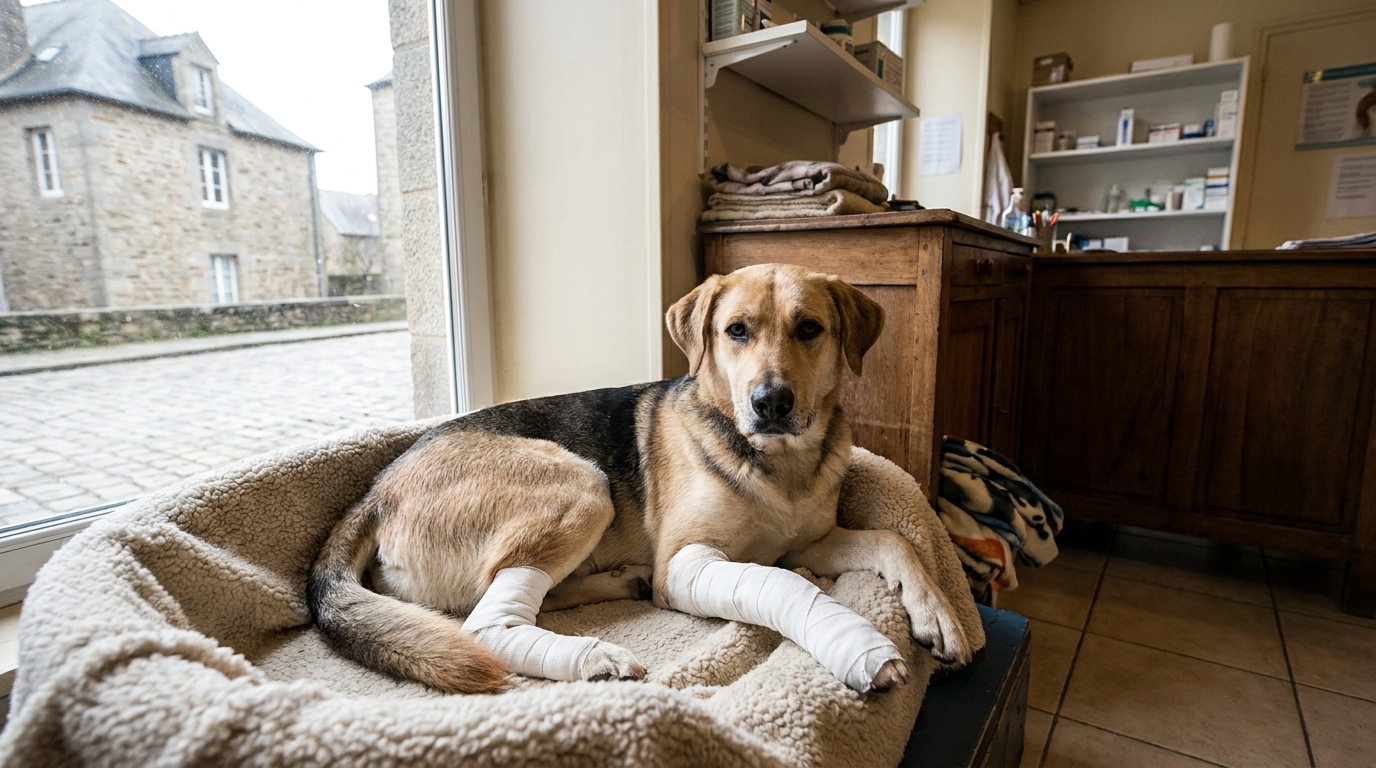 Un chien croisé labrador au regard triste, portant des bandages aux pattes avant, se reposant dans un panier de refuge.