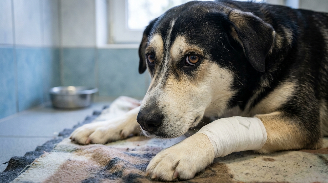 Un chien croisé labrador et husky au regard triste, avec un bandage sur une patte, se reposant dans un panier au sein d'un refuge.