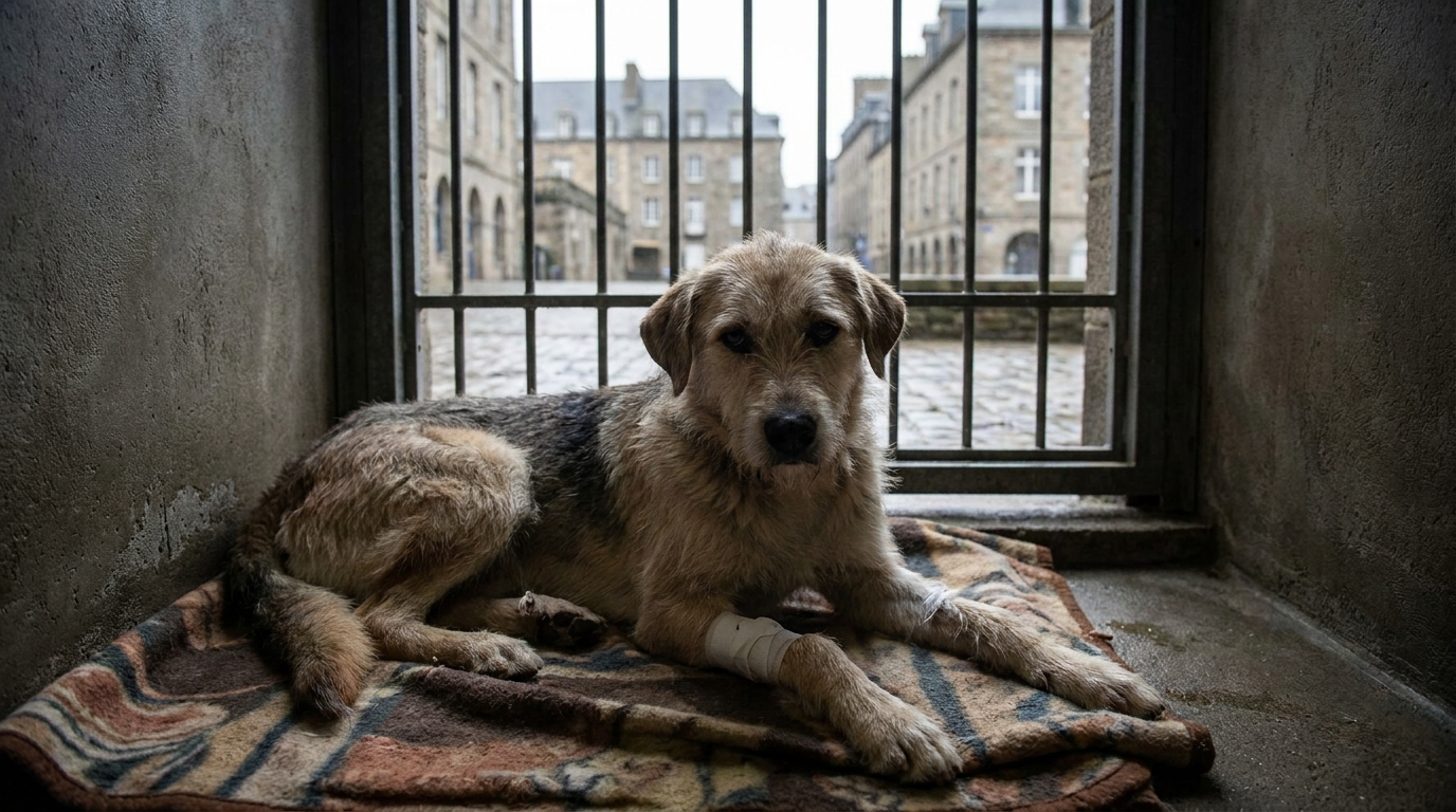 Un chien croisé au regard triste, avec une patte bandée, se repose dans un refuge, symbolisant la résilience après la maltraitance.