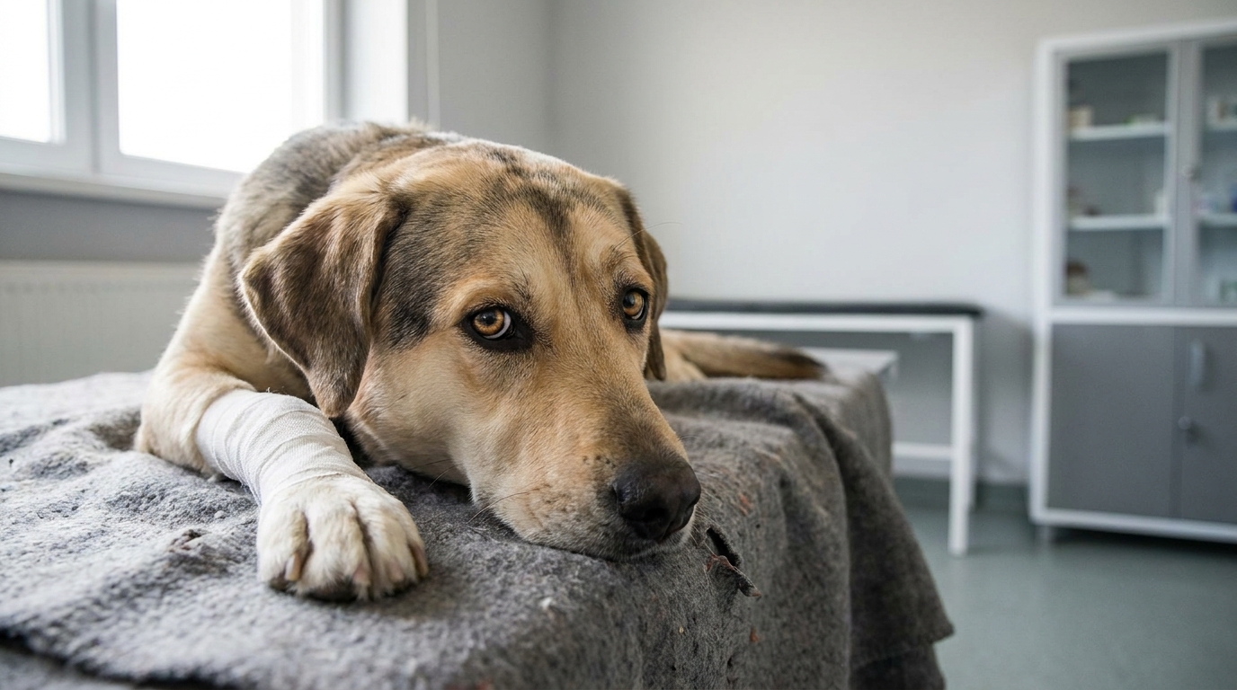 Un chien de type labrador croisé, l'air triste et vulnérable, se repose, symbolisant la fragilité des animaux victimes de maltraitance.