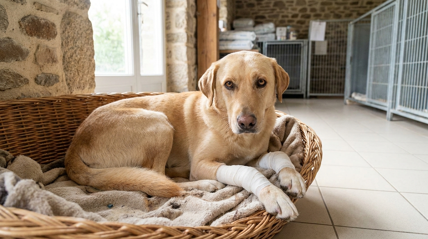 Un chien croisé labrador au regard triste, avec une patte bandée, se reposant dans un panier confortable dans un refuge en Bretagne.