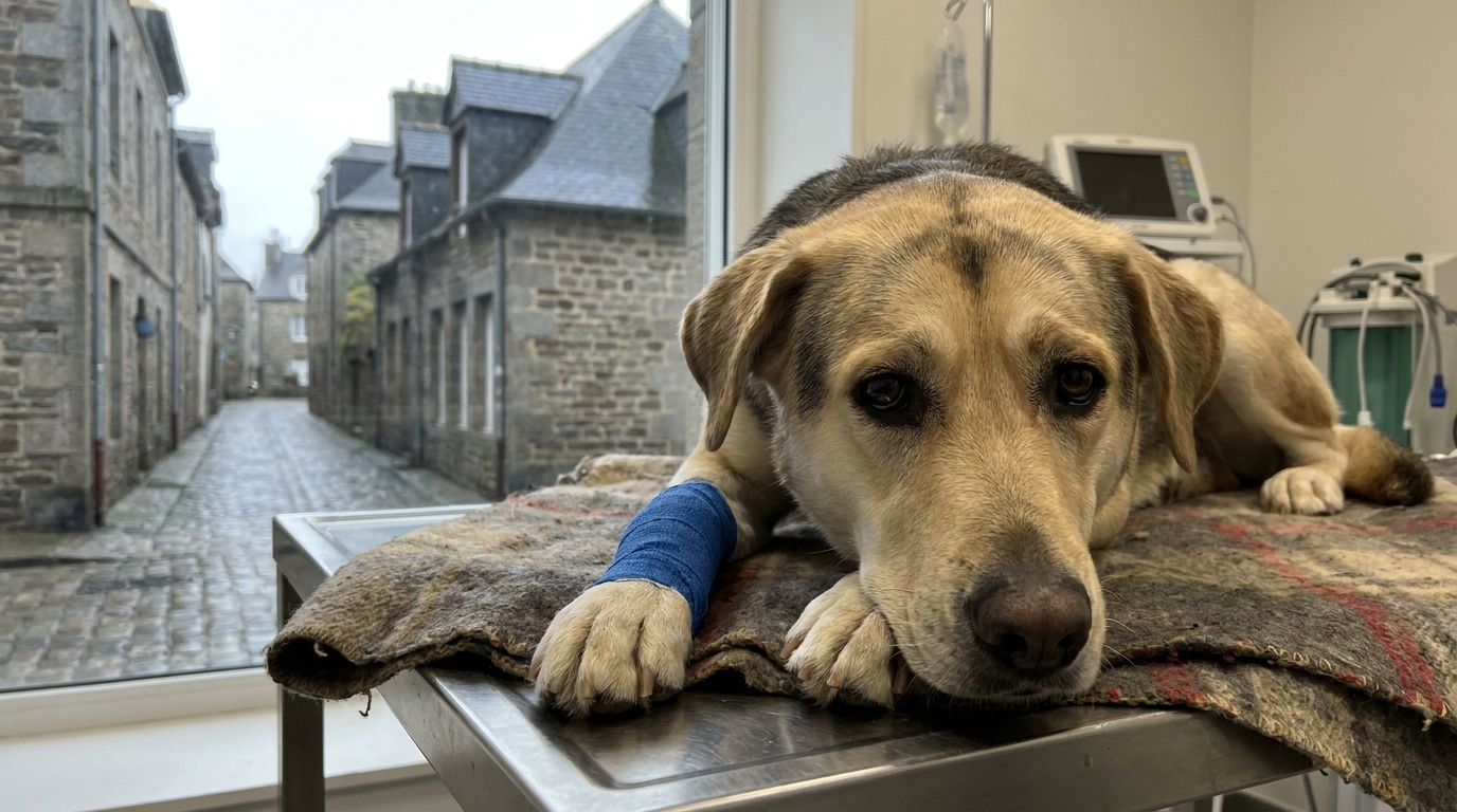 Un chien croisé au regard triste, ressemblant à un labrador husky, allongé et blessé, symbolisant la maltraitance animale.