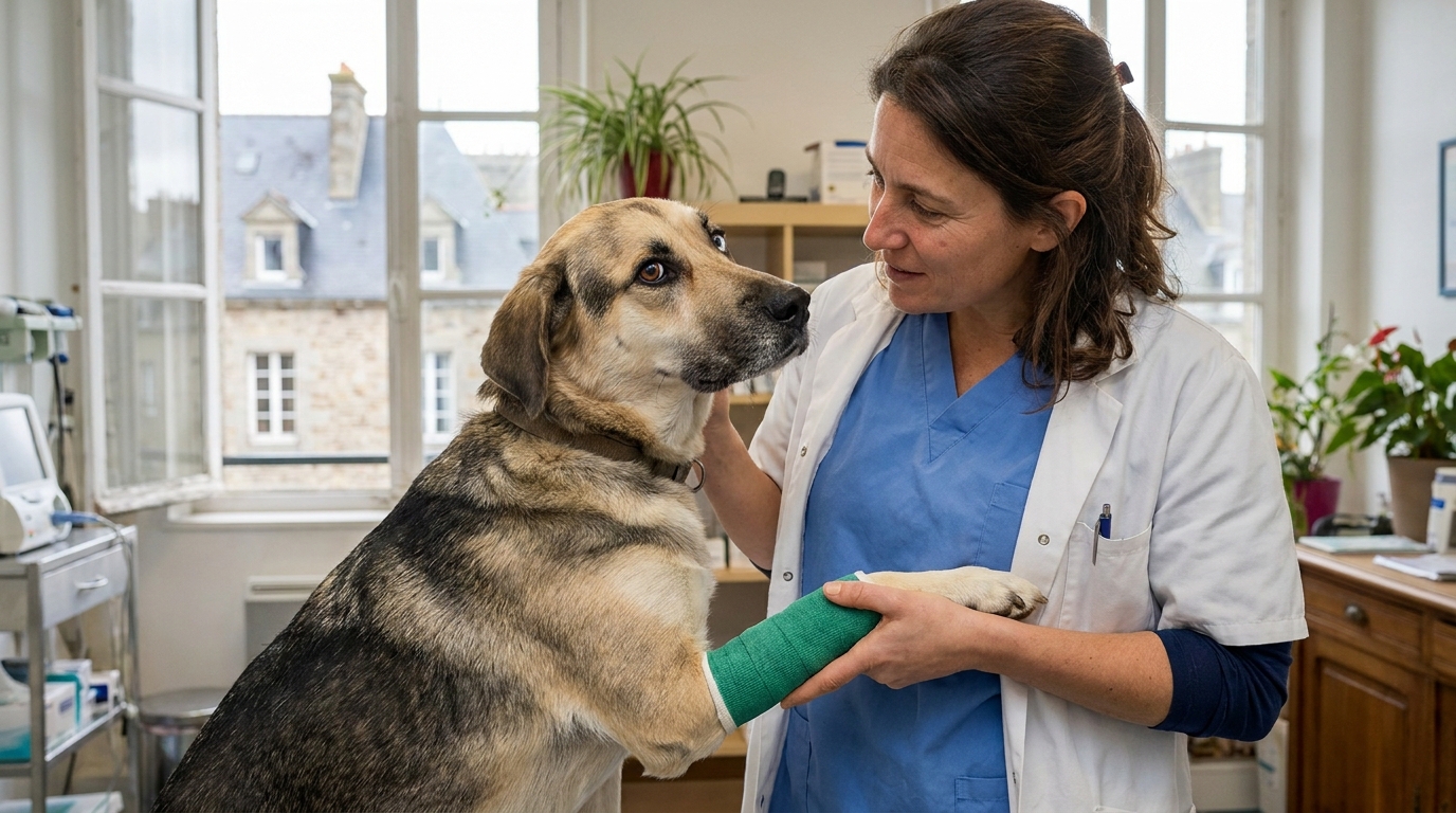 Un chien croisé labrador et husky au regard triste, l'une de ses pattes avant est dans un bandage, symbolisant la maltraitance animale.