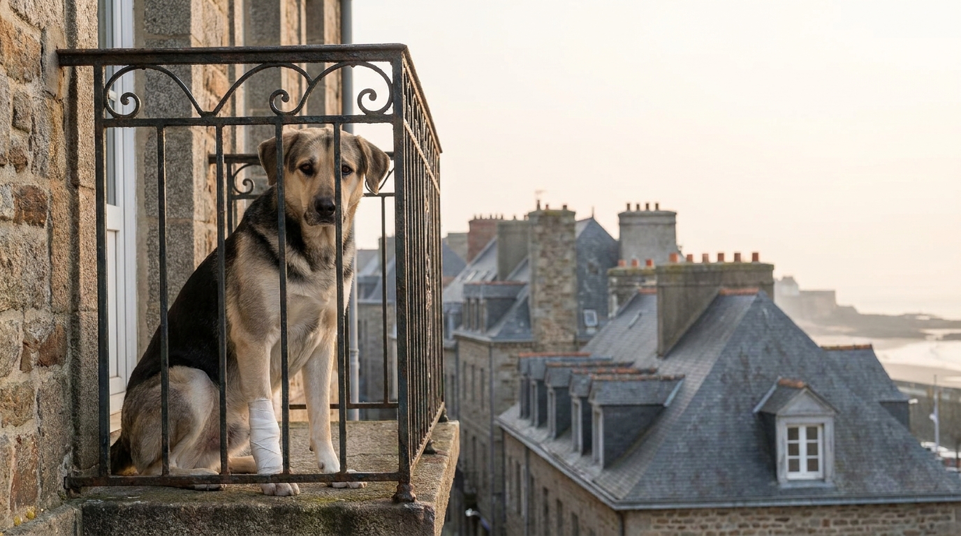 Un chien croisé de type labrador et husky, au regard triste, se repose dans un panier, une patte avant bandée après son sauvetage.