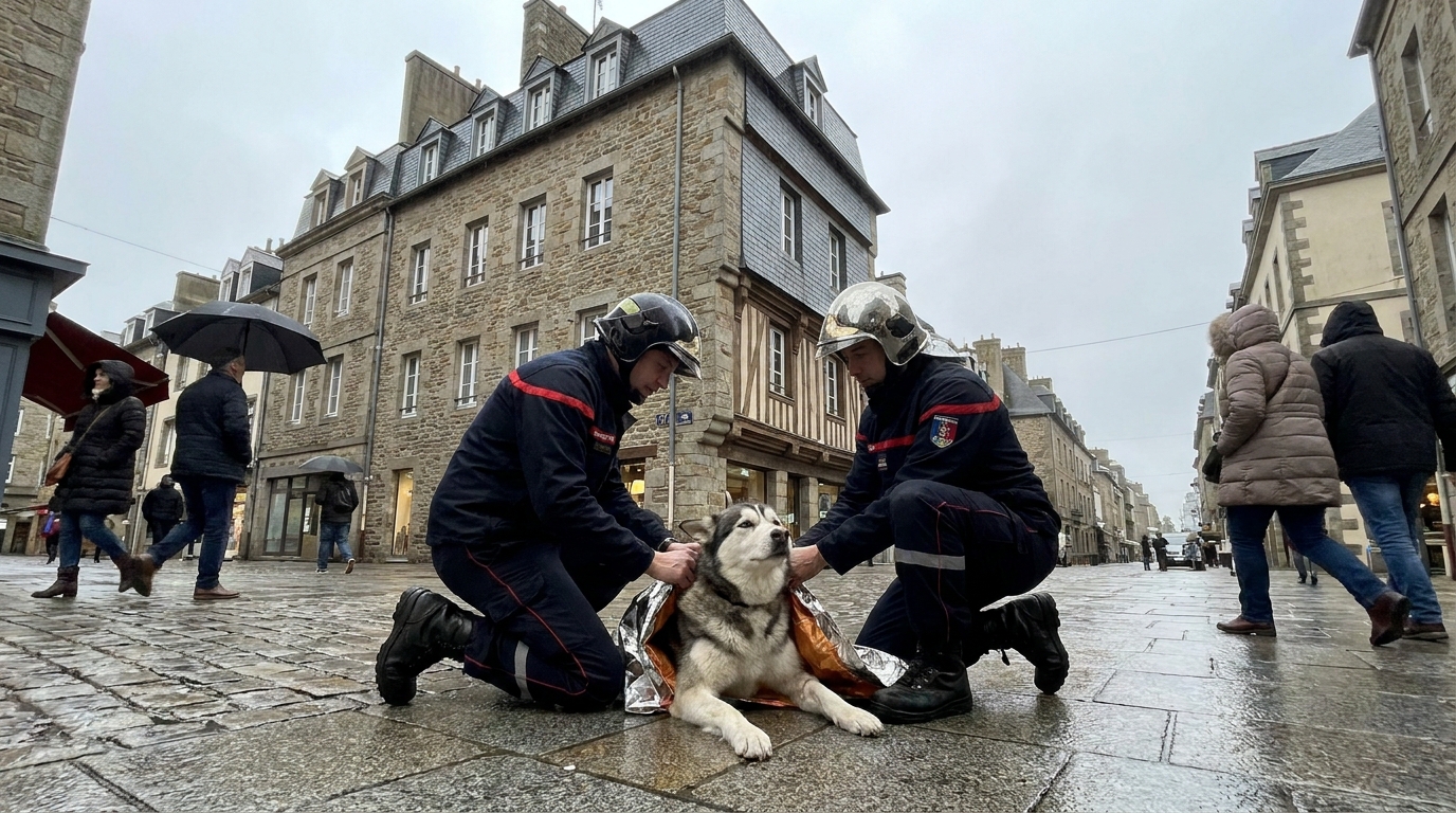 Un chien croisé labrador et husky est couché sur un sol carrelé, le regard triste et perdu, évoquant une grande souffrance et le traumatisme.
