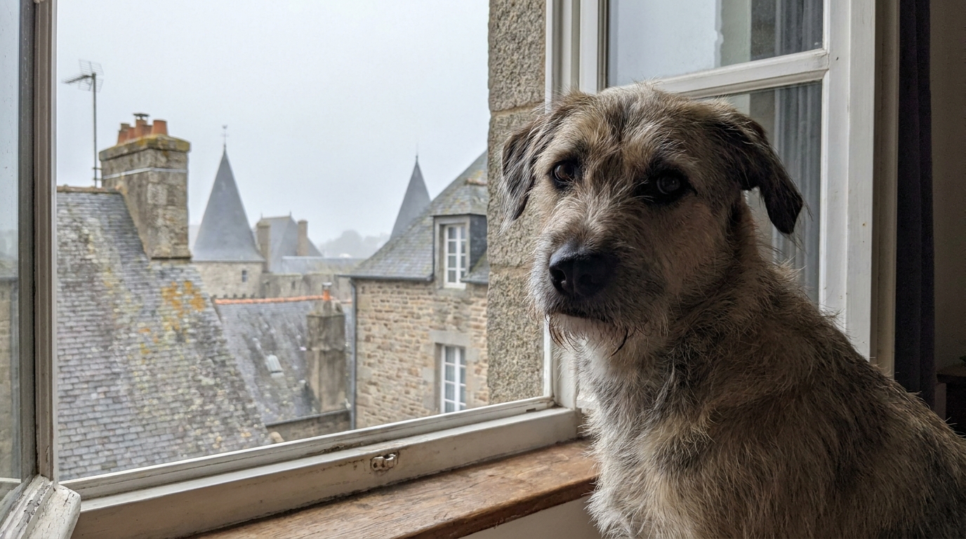 Un chien croisé labrador husky au regard triste est assis près de la fenêtre d'un appartement avant d'être victime de maltraitance.