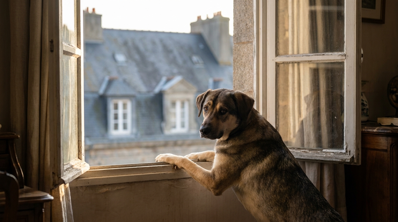 Un chien croisé de type labrador et husky, au regard triste, regarde à travers la vitre d'une fenêtre d'un appartement en ville.