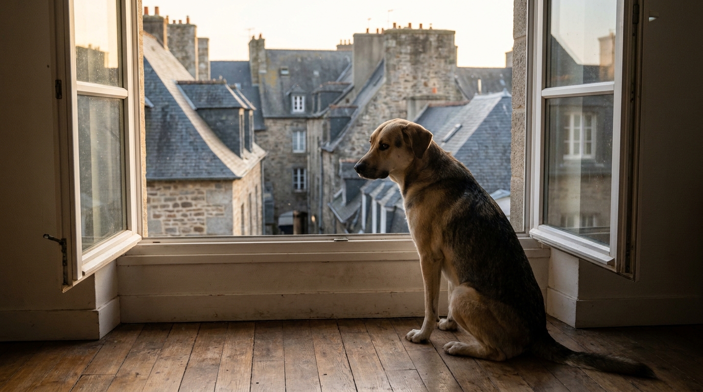 Un chien croisé de type labrador et husky, au regard triste, assis près d'une fenêtre dans un appartement, symbolisant l'attente et l'espoir.
