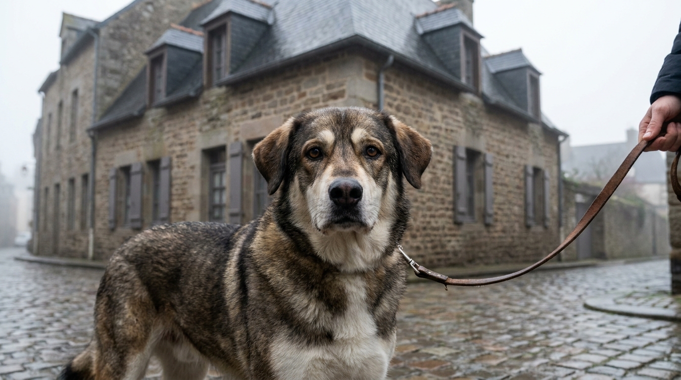 Un chien croisé Labrador et Husky, au regard triste, attend devant la porte d'un immeuble en Bretagne après son adoption.