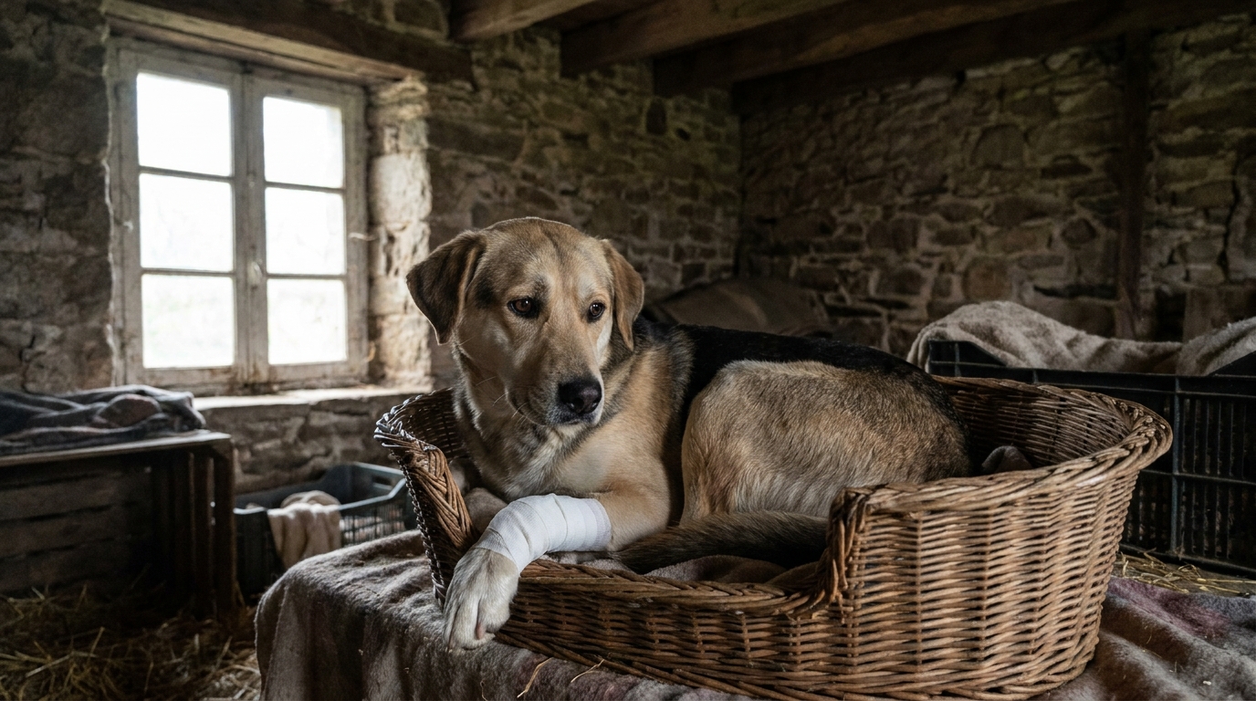 Un chien croisé labrador au regard triste, l'une de ses pattes avant bandée, se repose dans un panier de refuge.