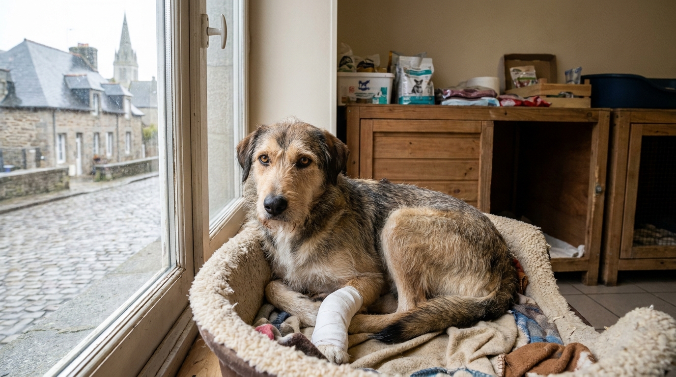 Un chien croisé labrador et husky, à l'air triste et courageux, avec une patte bandée, se repose dans un panier de la SPA.