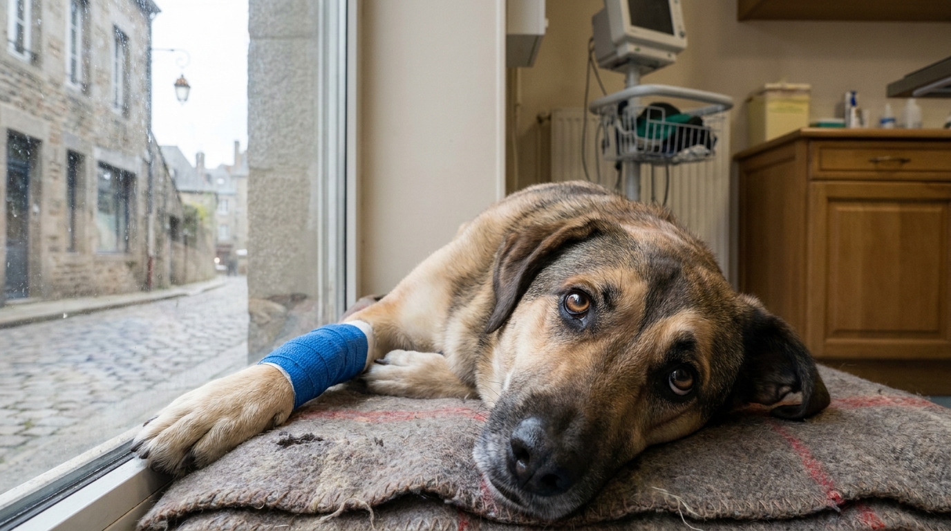 Un chien croisé labrador et husky au regard touchant, symbole des victimes de maltraitance animale en attente d'un foyer aimant.