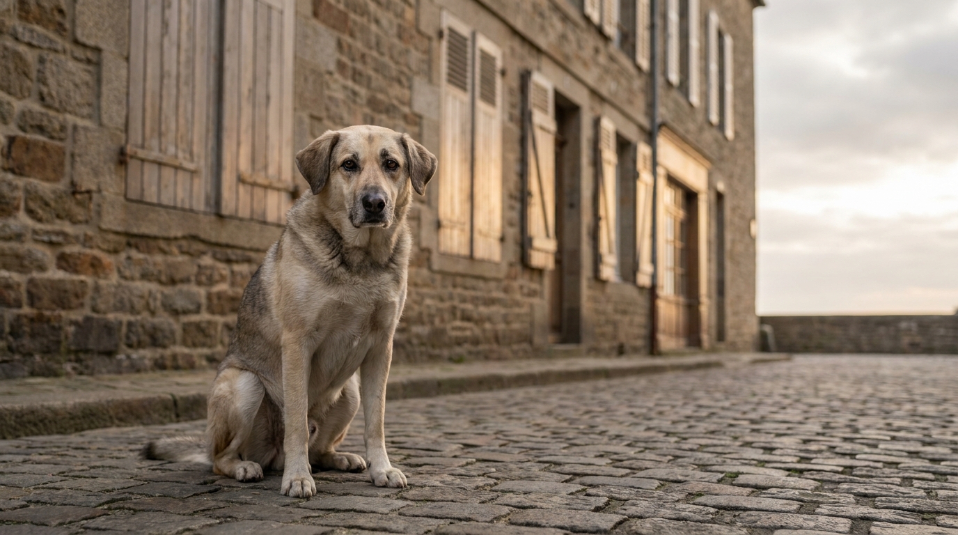Un chien croisé Labrador et Husky au regard triste, symbolisant la détresse des animaux victimes de maltraitance.