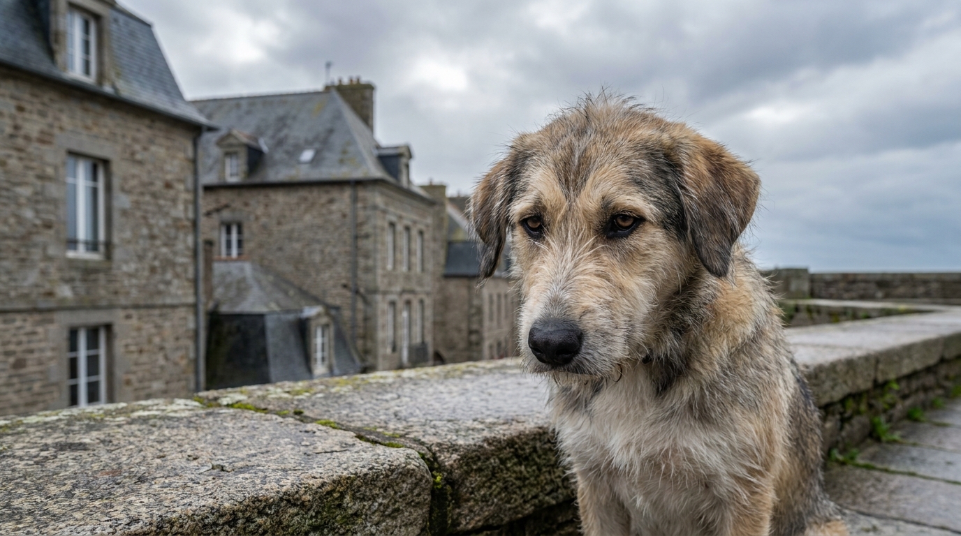 Un chien croisé labrador et husky au regard triste, symbole de la maltraitance animale après une adoption qui a mal tourné en Bretagne.