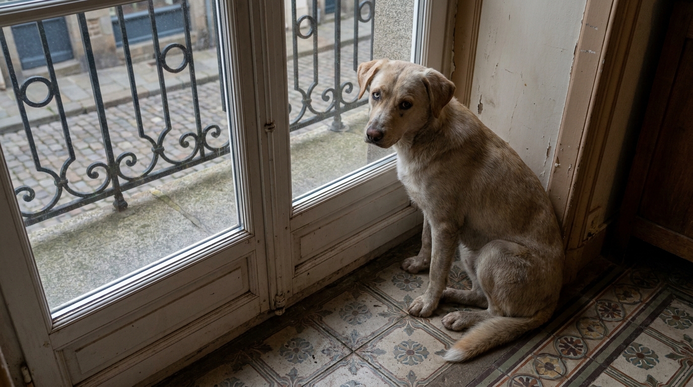 Un chien croisé labrador et husky au regard triste, assis dans un intérieur, symbolisant la vulnérabilité des animaux adoptés.